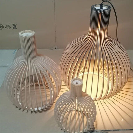 Wood Pendant Light Fixture, Modern Chandelier with Natural Wooden Cage – image 13