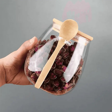 Glass Jar with Bamboo Lid and Spoon, Kitchen Canister for Pantry Organization