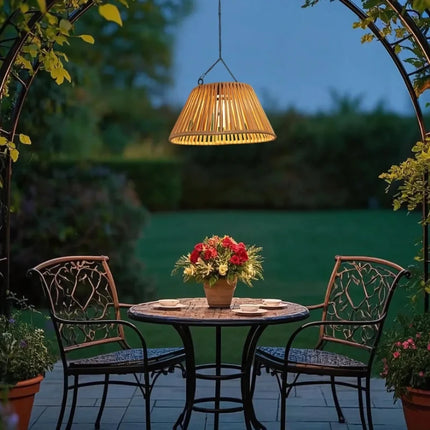 Solar-Powered Lantern with USB Backup & Dusk Sensor | Elegant Faux Rattan Design for Outdoor Ambiance