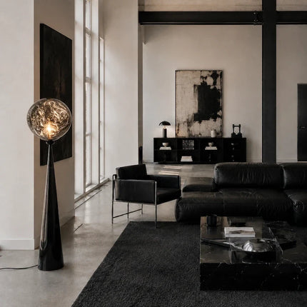Sculptural Postmodern Floor Lamp with Reflective Smoked Acrylic Globe | Ambient Warm White Light for Modern Spaces