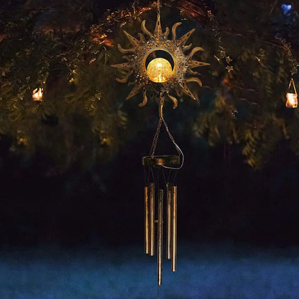 Solar Wind Chime with Luminous Crackled Glass Sphere | Automatic Dusk Sensor for Enchanting Outdoor Ambiance