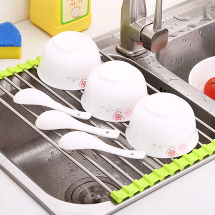 Stainless Steel Rolling Curtain Drain Rack with No-Drill Installation | Space-Saving Design for Easy Kitchen Organization