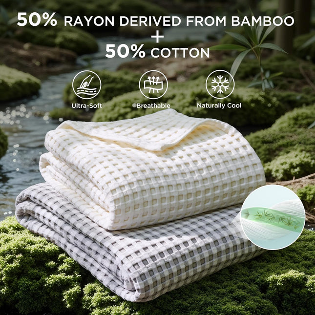 Cozy Haven | Cooling Waffle Queen Blanket with Lightweight Cotton & Bamboo | Soft Summer Throw for Hot Sleepers