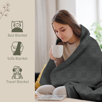 Cozy Haven | 100% Cotton Blanket in Grey with 350 GSM Softness | Lightweight & Breathable for Year-Round Comfort