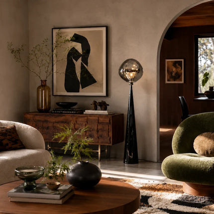 Sculptural Postmodern Floor Lamp with Reflective Smoked Acrylic Globe | Ambient Warm White Light for Modern Spaces