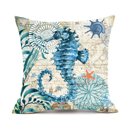 Marine Life Printed Cushion Cover with Invisible Zipper | Flax Material for Elegant Home Decor
