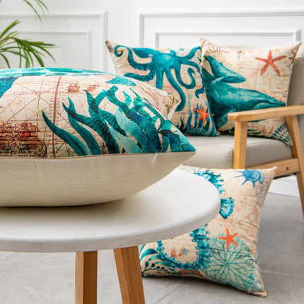Marine Life Printed Cushion Cover with Invisible Zipper | Flax Material for Elegant Home Decor