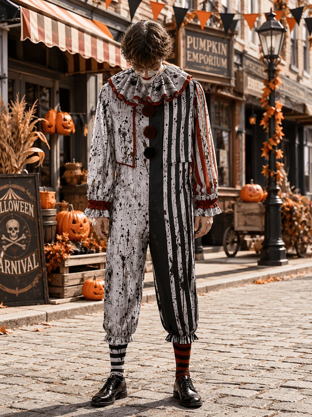 Mens Halloween Costume, Horror Clown Costume Jumpsuit with Ruffled Collar, Scary Adult Halloween Costume for Parties