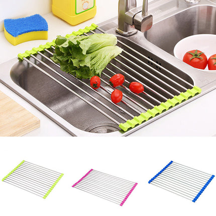 Stainless Steel Rolling Curtain Drain Rack with No-Drill Installation | Space-Saving Design for Easy Kitchen Organization