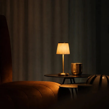 Dimmable Rechargeable Table Lamp with Pleated Fabric Shade | Elegant Cordless Lighting for Indoor and Outdoor Use