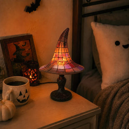 Witch Hat Table Lamp with Mosaic Panels for Enchanting Home Decor | Warm Glow for Bedrooms and Seasonal Displays