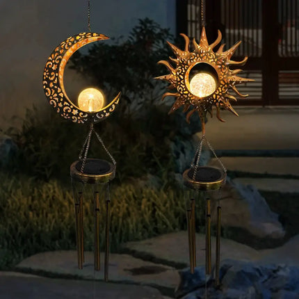 Solar Wind Chime with Luminous Crackled Glass Sphere | Automatic Dusk Sensor for Enchanting Outdoor Ambiance