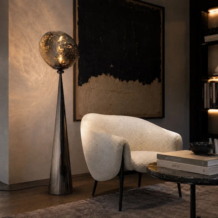 Sculptural Postmodern Floor Lamp with Reflective Smoked Acrylic Globe | Ambient Warm White Light for Modern Spaces