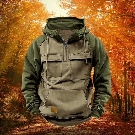 Mens Hoodie, Color Block Quarter Zip Hoodie with Kangaroo Pocket