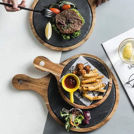 Black Acacia Wood Pizza Plate with Elegant Design | Versatile Serving Solution for Pizza and Steak