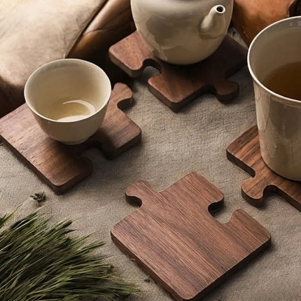Wooden Coasters for Drinks, Walnut Puzzle Coasters Set of 4, Cup Coasters for Coffee Table and Tea Time