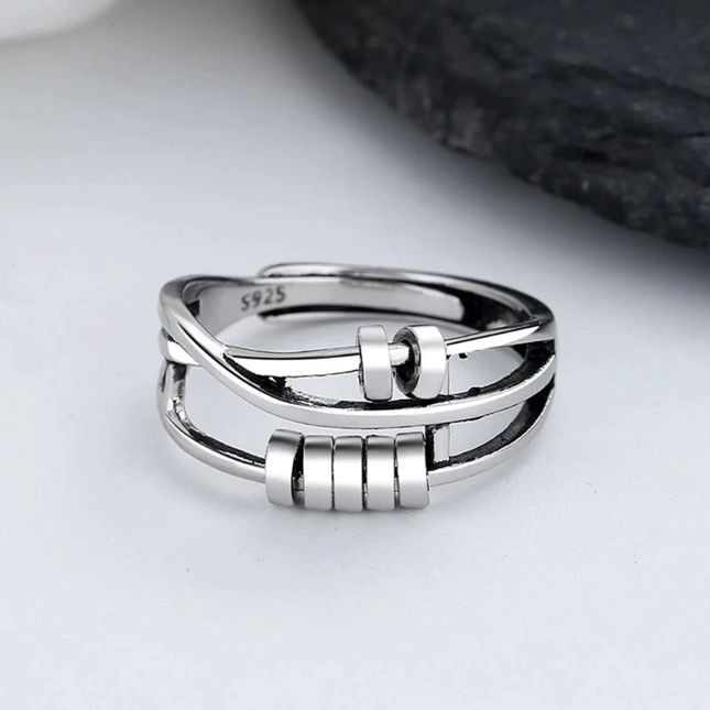 925 Sterling Silver Ring, Fidget Ring for Anxiety and Stress, Adjustable Anxiety Ring with Double Band Spinner