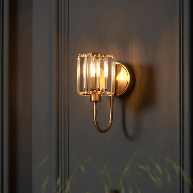 Antique Brass Wall Light | Elegant Sconce with Faceted Glass Shade | Timeless Illumination for Any Space 0