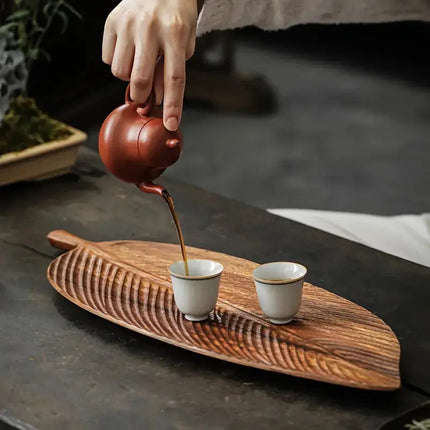 Wooden Serving Tray with Handle, Leaf Shaped Fruit Tray