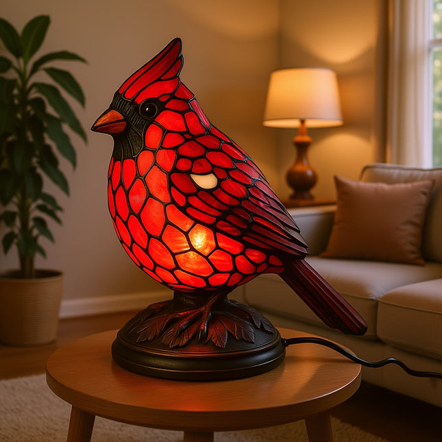 Art Glass Table Lamp with Red Cardinal Bird Design | USB Powered for Cozy Ambiance 0