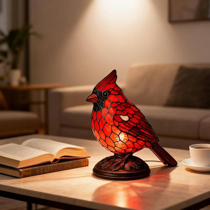 Art Glass Table Lamp with Red Cardinal Bird Design | USB Powered for Cozy Ambiance 2