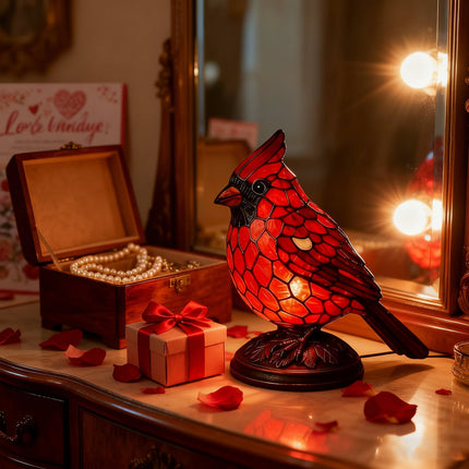 Art Glass Table Lamp with Red Cardinal Bird Design | USB Powered for Cozy Ambiance 3
