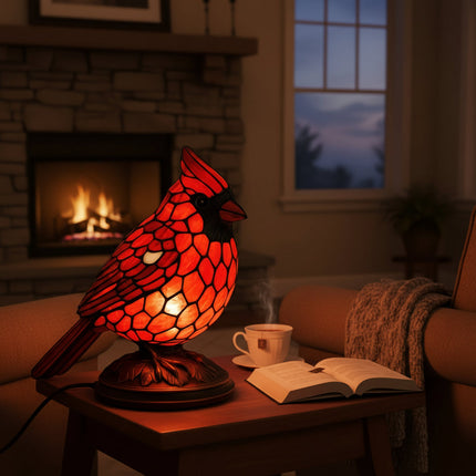 Art Glass Table Lamp with Red Cardinal Bird Design | USB Powered for Cozy Ambiance 4