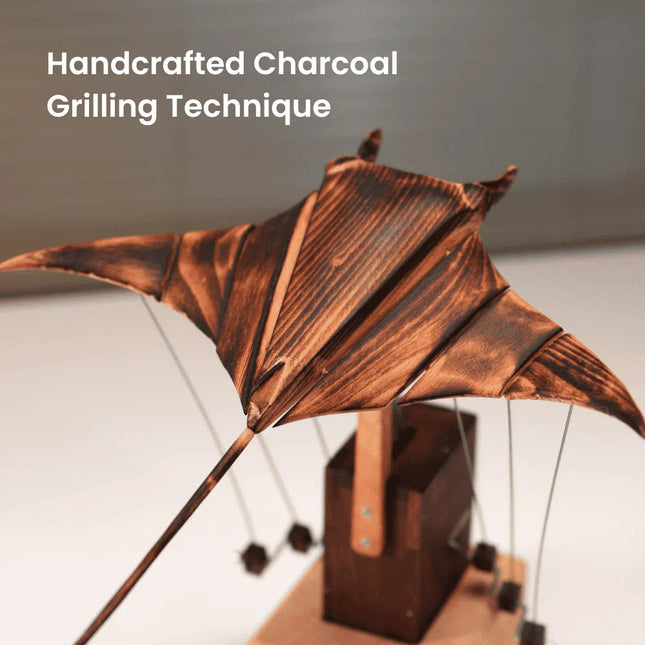 Artisan Wooden Manta Ray Automaton | Hand-Cranked Kinetic Sculpture for Unique Desk Decor 1