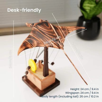 Artisan Wooden Manta Ray Automaton | Hand-Cranked Kinetic Sculpture for Unique Desk Decor 4