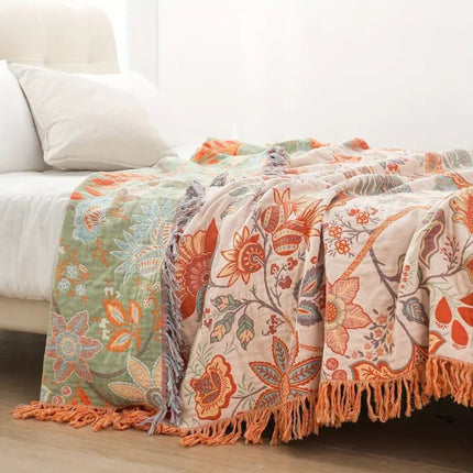 Artistic Boho Collection | Floral Cotton Throw Blanket with Playful Fringe | Cozy Layer for Home Decor 1