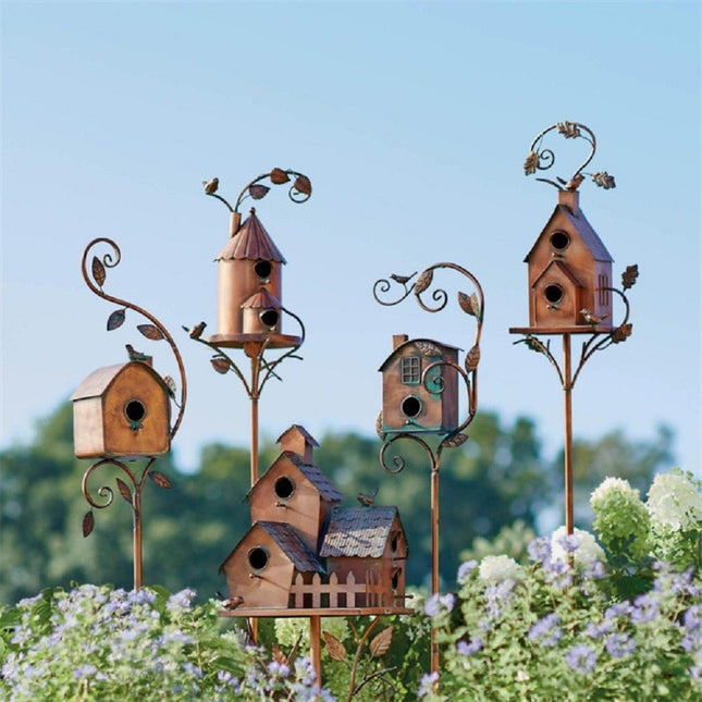 Artistic Garden Stake Birdhouse with Durable Metal Design | Unique Outdoor Decor for Bird Lovers 0