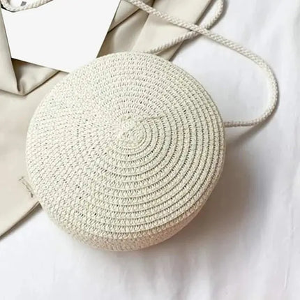 Straw Beach Bag, Round Straw Bag with Zipper and Adjustable Strap
