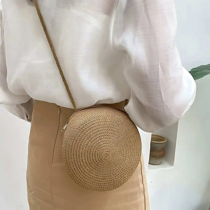 Straw Beach Bag, Round Straw Bag with Zipper and Adjustable Strap – image 6