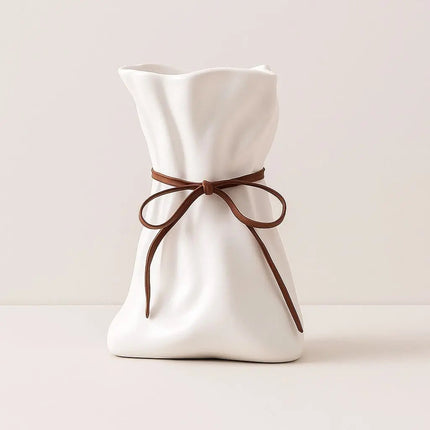 Ceramic Vase, Decorative Flower Vase with Rope Accent, Drawstring Vase for Home Decor and Table Centerpiece, Housewarming