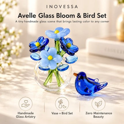 Miniature Figurines, Handmade Glass Flowers with Glass Bird Figurine