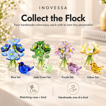 Miniature Figurines, Handmade Glass Flowers with Glass Bird Figurine – image 4