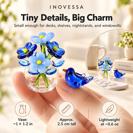Handmade Glass Flowers with Glass Bird Figurine, Glass Art Home Decor for Desk and Shelf – image 6