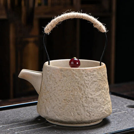 Ceramic Teapot with Beam Handle, Handmade Pottery Teapot with Coarse Texture for Gongfu Brewing