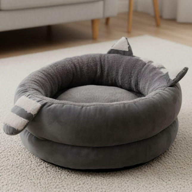 Round Cat Bed, Plush Pet Bed with Ears and Tail Accents, Machine Washable Small Dog Bed with Non Slip Bottom_01
