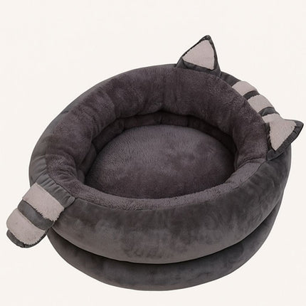 Round Cat Bed, Plush Pet Bed with Ears and Tail Accents, Machine Washable Small Dog Bed with Non Slip Bottom