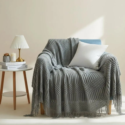 Knit Throw Blanket for Couch, Nordic Knitted Blanket with Tassel Fringe, Cozy Blanket for Bed and Sofa