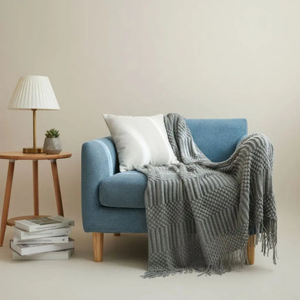 Knit Throw Blanket for Couch, Nordic Knitted Blanket with Tassel Fringe