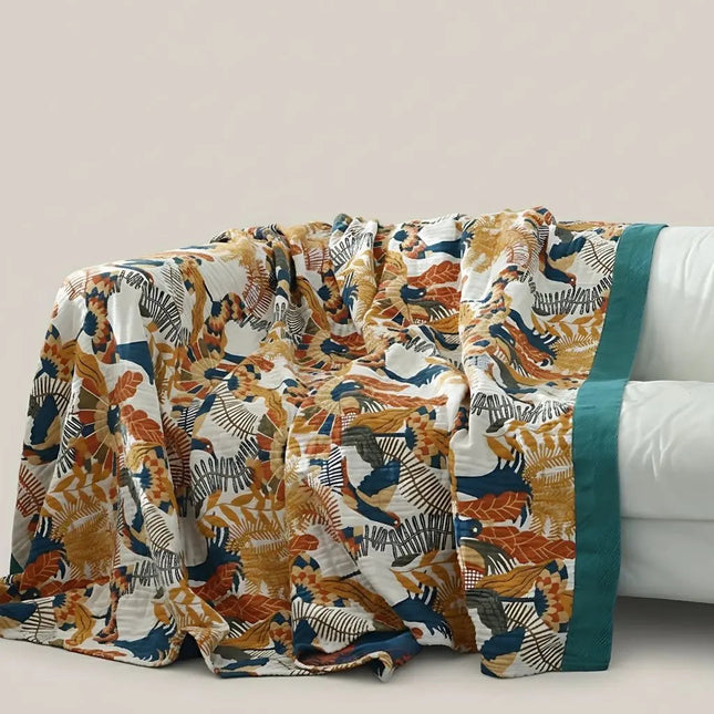 Cotton Throw Blanket for Sofa, Five Layer Gauze Cotton Blanket, Botanical Sofa Blanket, Bedspread