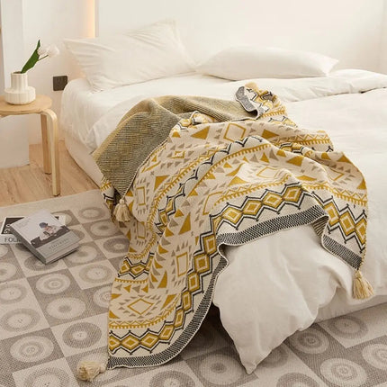 Boho Throw Blanket with Tassels, Chenille Sofa Blanket with Geometric Pattern, Small Couch Throw, Couch Cover
