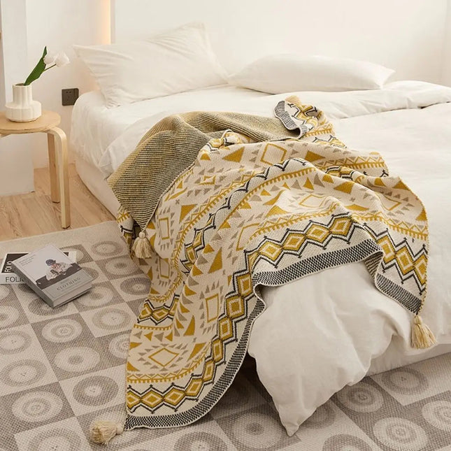 Boho Throw Blanket with Tassels, Chenille Sofa Blanket with Geometric Pattern, Small Couch Throw, Couch Cover