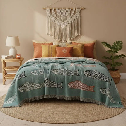 Woven Throw Blanket with Koi Fish Pattern, Sofa Throw Blanket for Couch