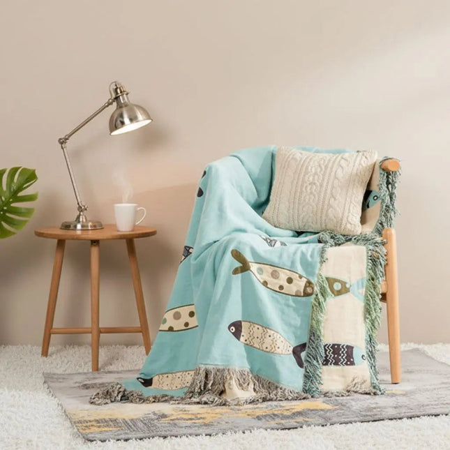 Cotton Throw Blanket with Fringe, Soft Cotton Blanket with Fish Pattern, Lightweight Gauze Sofa Throw for Naps