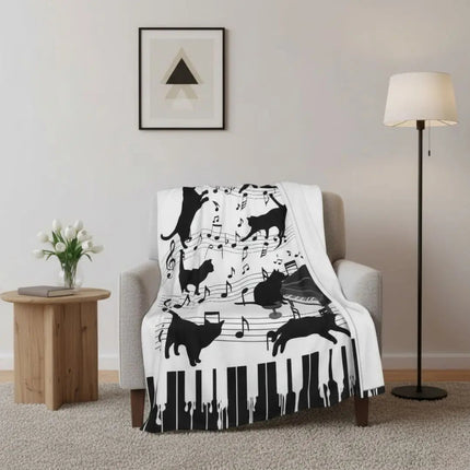 Throw Blankets, Cat Blanket with Piano and Music Note Print, Lightweight Soft Blanket for Sofa and Bed