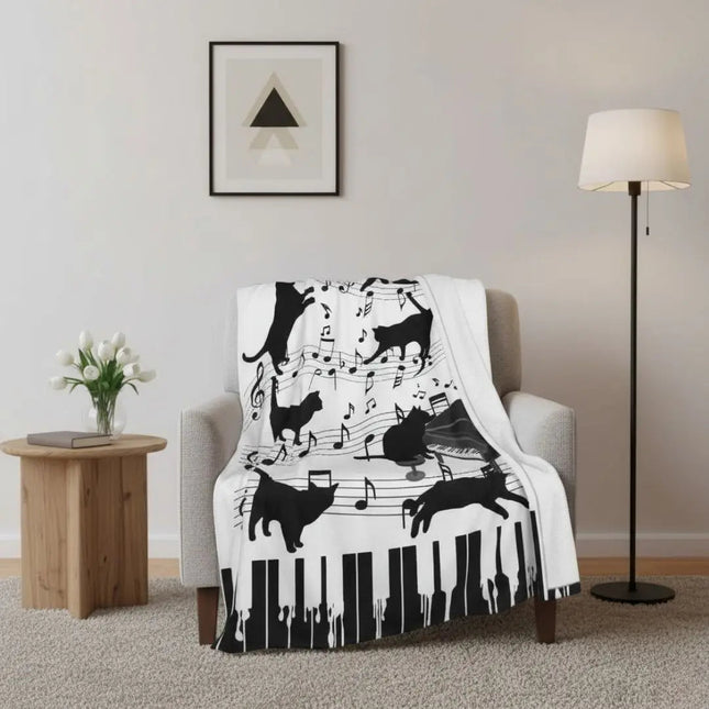 Throw Blankets, Cat Blanket with Piano and Music Note Print, Lightweight Soft Blanket for Sofa and Bed