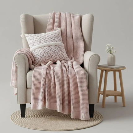 Throw Blanket for Bed and Sofa, Waffle Cotton Blanket with Lace Trim, Soft Breathable Waffle Weave Blanket